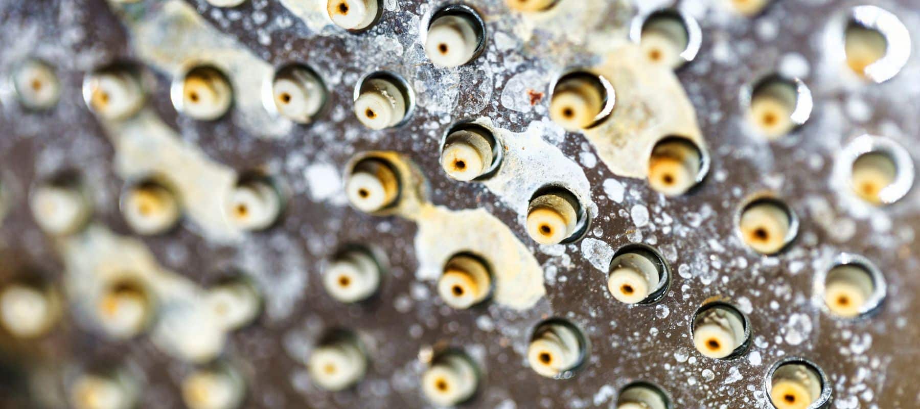 close up of a showerhead that is scaled up from hard water