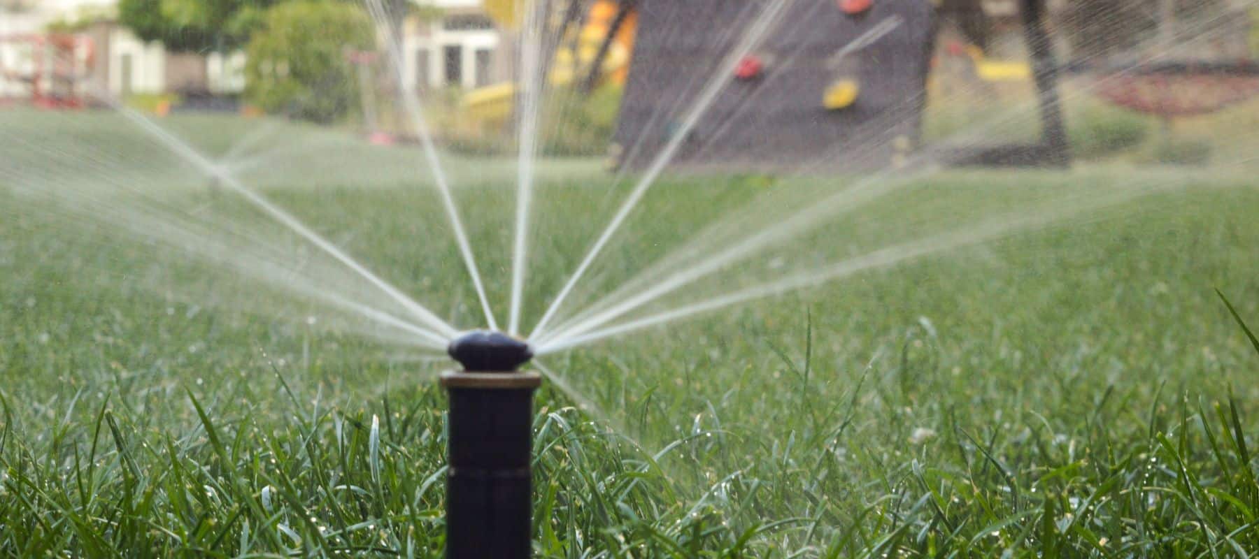 Close-up of a lawn sprinkler spraying water across green grass