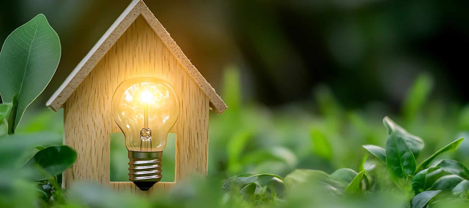 wooden house with light bulb in grass