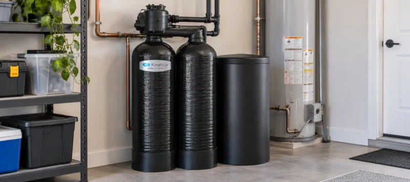 Kinetico water softener system installed in a residential garage next to a water heater.